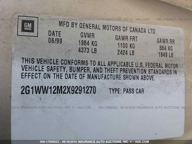 2G1WW12M2X9291270 - 1999 CHEVROLET MONTE CARLO LS ოქროსფერი ფოტო 9