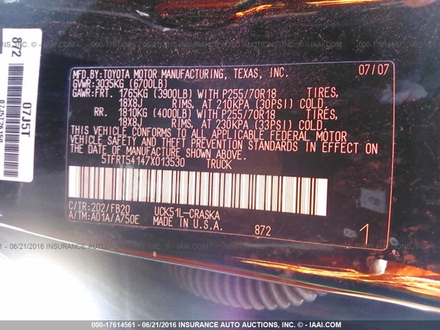 5TFRT54147X013530 - 2007 TOYOTA TUNDRA DOUBLE CAB SR5 BLACK photo 9