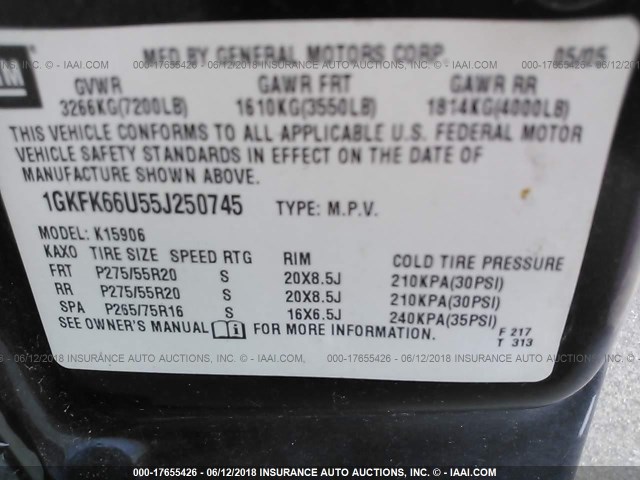 1GKFK66U55J250745 - 2005 GMC YUKON XL DENALI BLACK photo 9