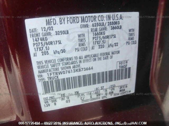 1FTRW07613KB73664 - 2003 FORD F150 SUPERCREW MAROON photo 9