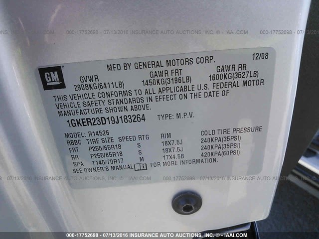 1GKER23D19J183264 - 2009 GMC ACADIA SLT-1 Srebrny zdjęcie 9