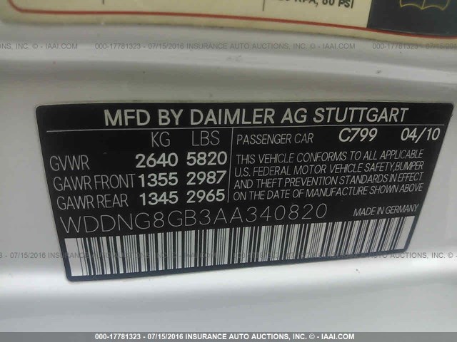WDDNG8GB3AA340820 - 2010 MERCEDES-BENZ S 550 4MATIC WHITE photo 9