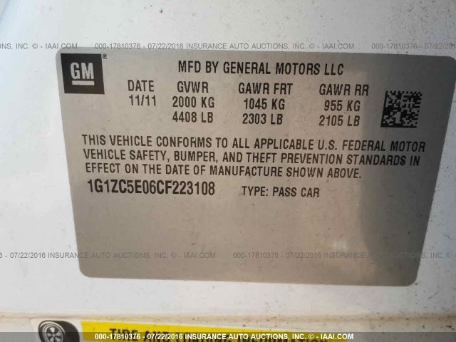 1G1ZC5E06CF223108 - 2012 CHEVROLET MALIBU 1LT თეთრი ფოტო 9