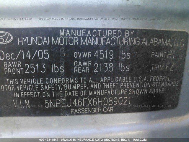 5NPEU46FX6H089021 - 2006 HYUNDAI SONATA GLS/LX BLUE photo 9