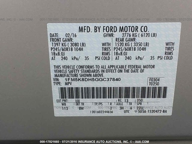 1FM5K8DH5GGC37840 - 2016 FORD EXPLORER XLT SILVER photo 9