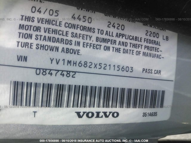 YV1MH682X52115603 - 2005 VOLVO S40 T5 SILVER photo 9