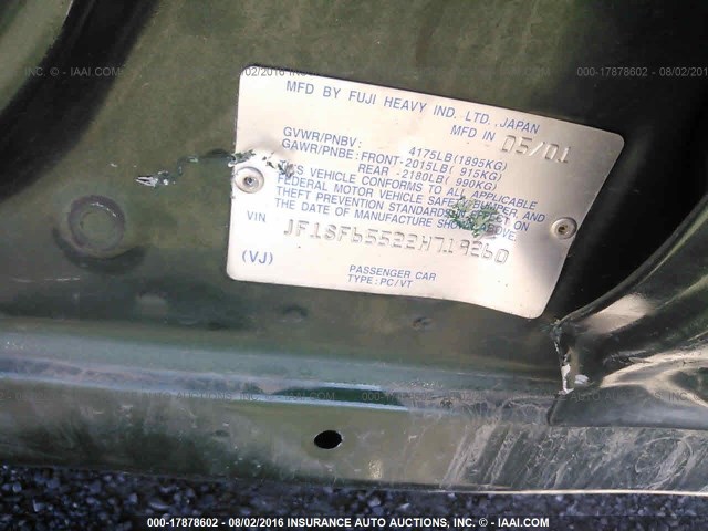 JF1SF65522H719260 - 2002 SUBARU FORESTER S GREEN photo 9