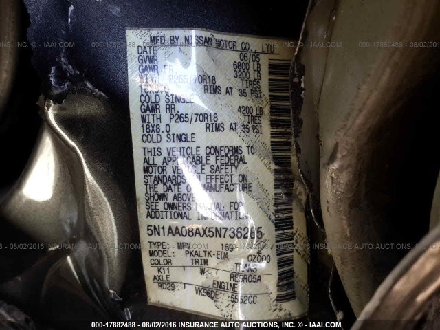 5N1AA08AX5N736285 - 2005 NISSAN ARMADA SE/LE SILVER photo 9