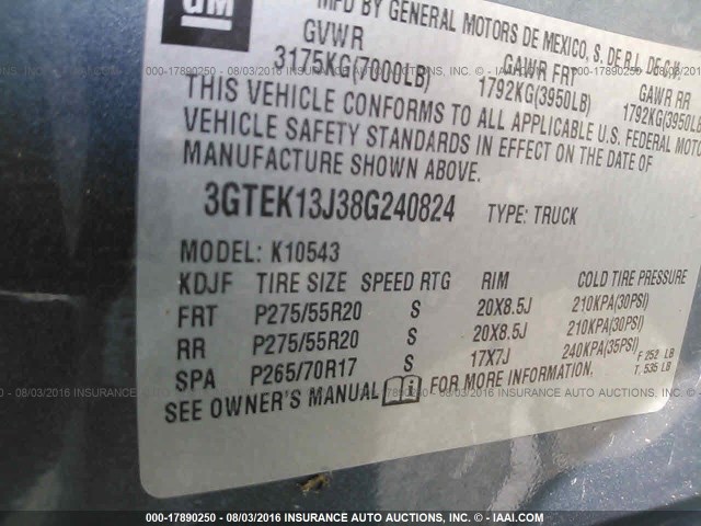 3GTEK13J38G240824 - 2008 GMC SIERRA K1500 Light Blue photo 9