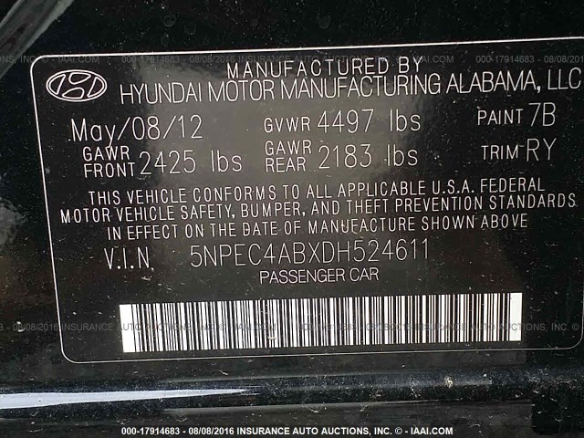 5NPEC4ABXDH524611 - 2013 HYUNDAI SONATA SE/LIMITED BLACK photo 9