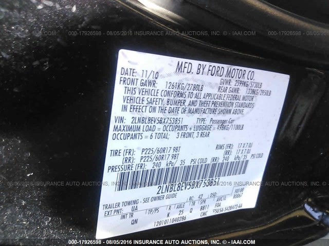 2LNBL8EV5BX753851 - 2011 LINCOLN TOWN CAR EXECUTIVE L BLACK photo 9