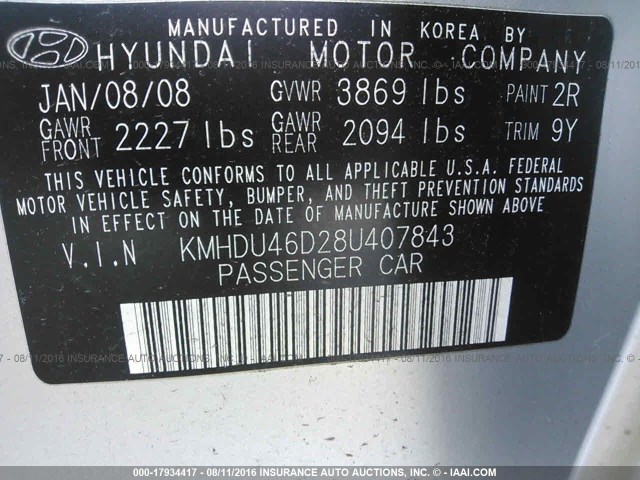 KMHDU46D28U407843 - 2008 HYUNDAI ELANTRA GLS/SE/LIMITED SILVER photo 9