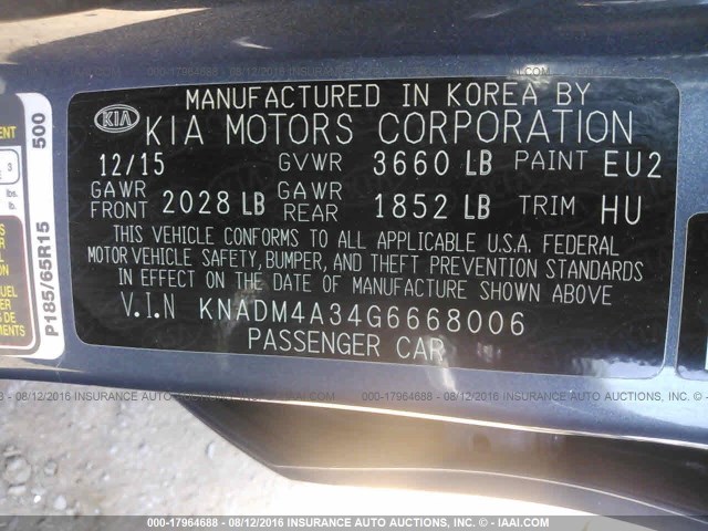 KNADM4A34G6668006 - 2016 KIA RIO LX Կապույտ լուսանկար 9