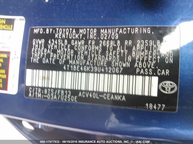 4T1BE46K39U412067 - 2009 TOYOTA CAMRY SE/LE/XLE BLUE photo 9
