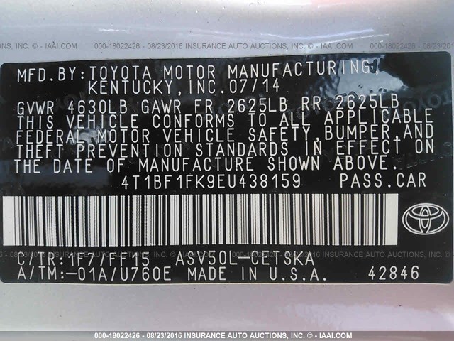 4T1BF1FK9EU438159 - 2014 TOYOTA CAMRY L/SE/LE/XLE 银色 照片 9