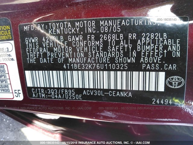 4T1BE32K76U110325 - 2006 TOYOTA CAMRY LE/XLE/SE Tünd qırmızı foto 9