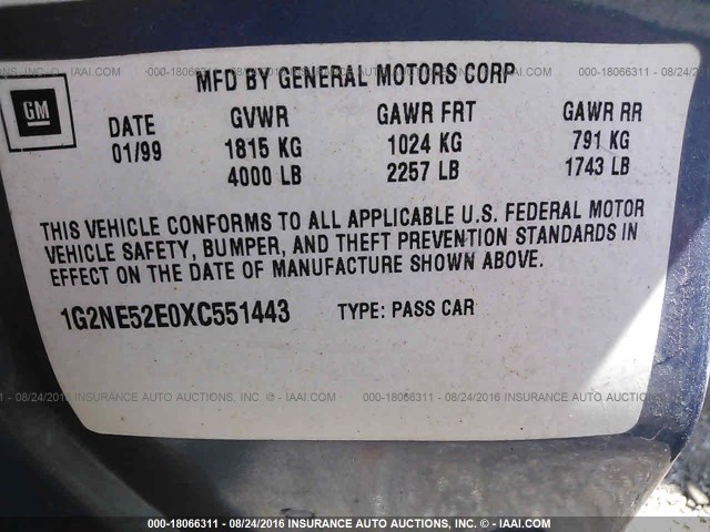 1G2NE52E0XC551443 - 1999 PONTIAC GRAND AM SE BLUE photo 9