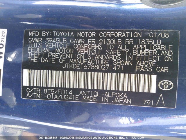 JTKDE167880271471 - 2008 TOYOTA SCION TC 蓝色 照片 9