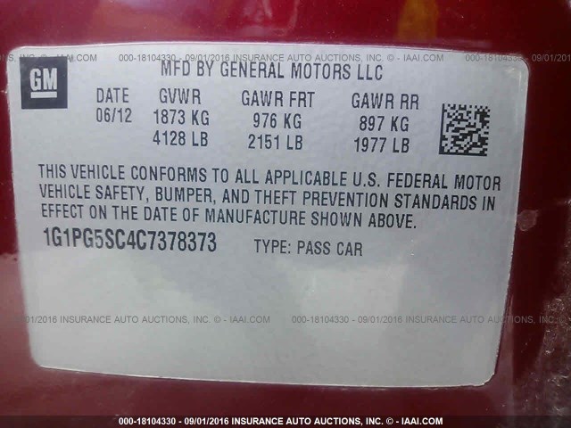 1G1PG5SC4C7378373 - 2012 CHEVROLET CRUZE LT RED photo 9