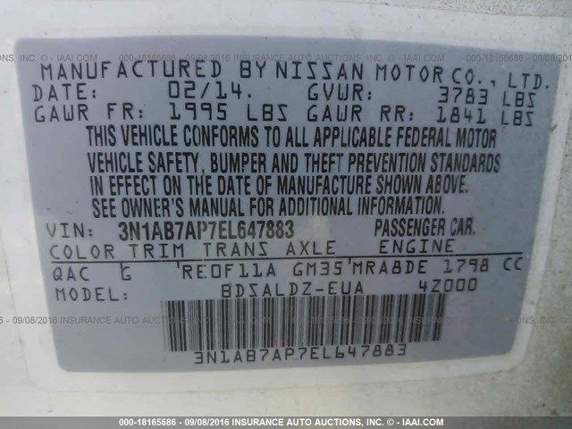 3N1AB7AP7EL647883 - 2014 NISSAN SENTRA S/SV/SR/SL WHITE photo 9