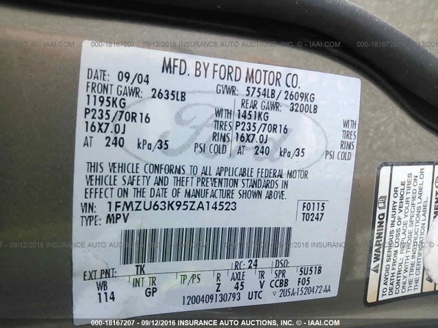 1FMZU63K95ZA14523 - 2005 FORD EXPLORER XLT/XLT SPORT/NBX 棕色 照片 9