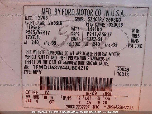 1FMDU63W44UB04218 - 2004 FORD EXPLORER XLT/XLT SPORT/NBX 白色 照片 9