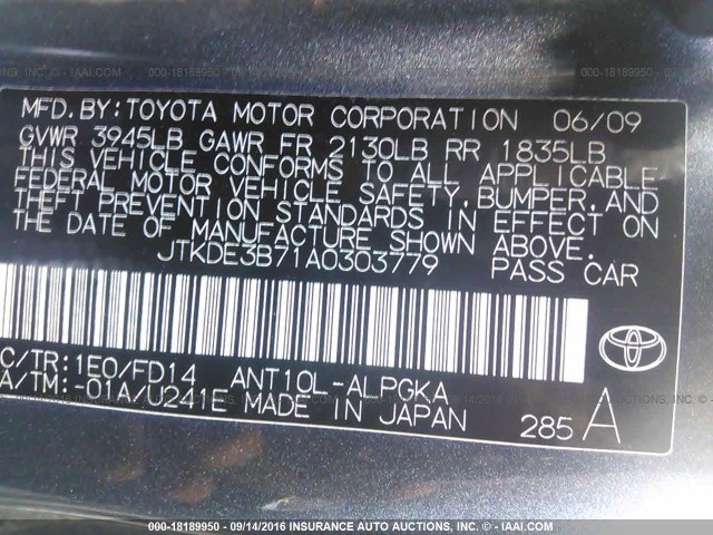 JTKDE3B71A0303779 - 2010 TOYOTA SCION TC 灰色 照片 9