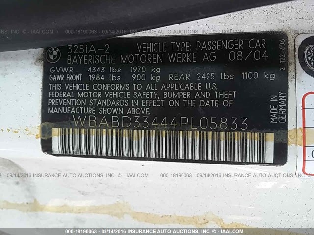 WBABD33444PL05833 - 2004 BMW 325 CI WHITE photo 9