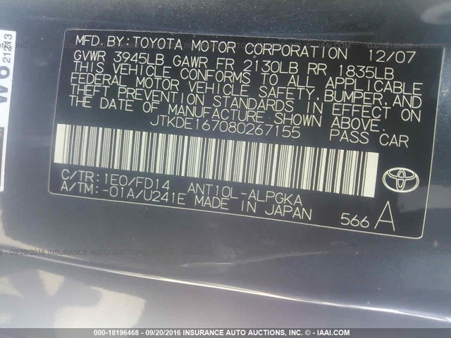 JTKDE167080267155 - 2008 TOYOTA SCION TC 灰色 照片 9