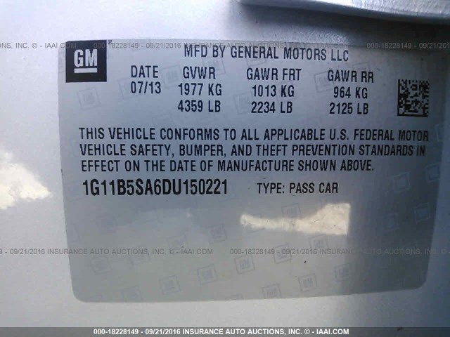 1G11B5SA6DU150221 - 2013 CHEVROLET MALIBU LS ვერცხლისფერი ფოტო 9