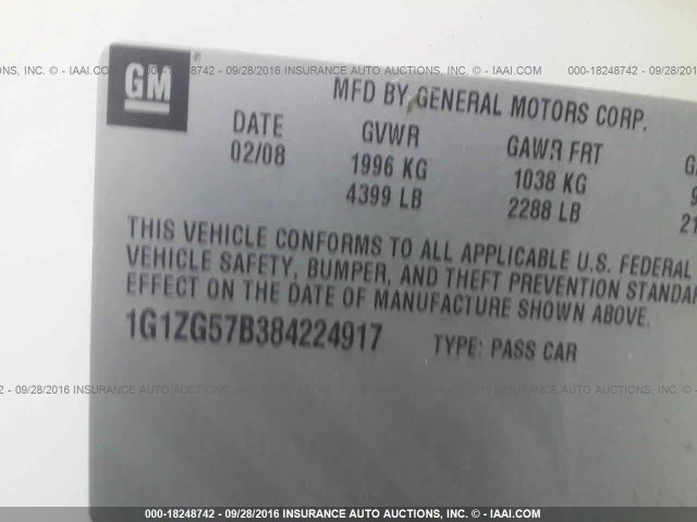 1G1ZG57B384224917 - 2008 CHEVROLET MALIBU LS 白色 照片 9