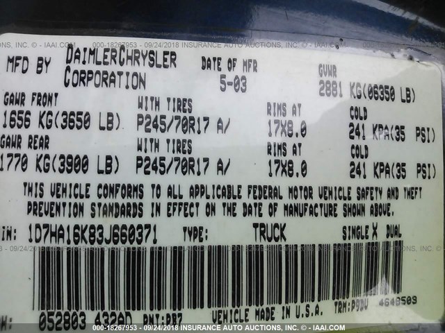 1D7HA16K83J660371 - 2003 DODGE RAM 1500 ST BLUE photo 9