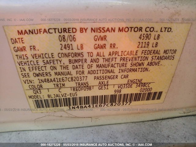 1N4BA41E67C820377 - 2007 NISSAN MAXIMA SE/SL WHITE photo 9