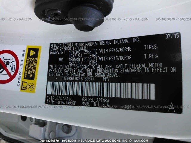 5TDBKRFHXFS189847 - 2015 TOYOTA HIGHLANDER LE/LE PLUS WHITE photo 9