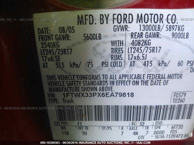 1FTWX33PX6EA79818 - 2006 FORD F350 RED photo 9