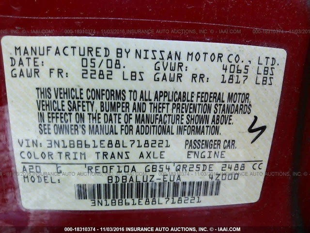 3N1BB61E88L718221 - 2008 NISSAN SENTRA SE-R RED photo 9