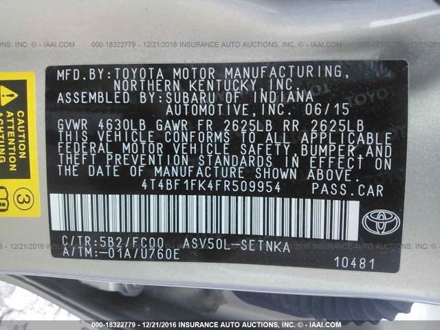 4T4BF1FK4FR509954 - 2015 TOYOTA CAMRY LE/XLE/SE/XSE GOLD photo 9