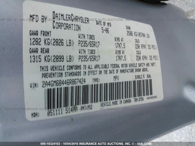 2A4GM68446R867424 - 2006 CHRYSLER PACIFICA TOURING GRAY photo 9