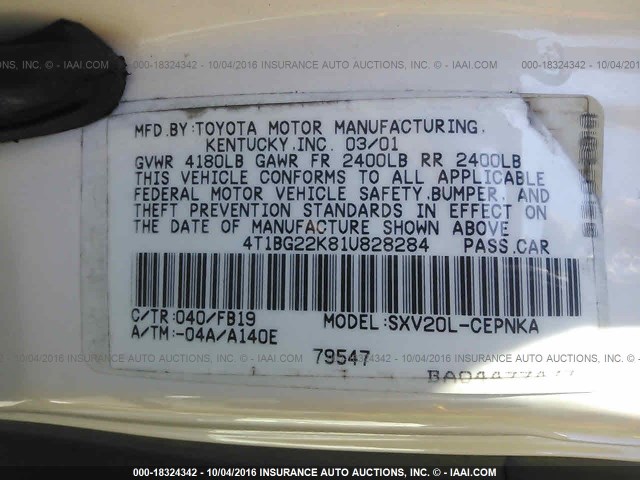 4T1BG22K81U828284 - 2001 TOYOTA CAMRY CE/LE/XLE WHITE photo 9