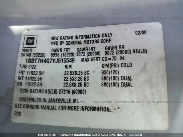 1GBT7H4C7YJ515549 - 2000 CHEVROLET C-SERIES C7H064 GRAY photo 9