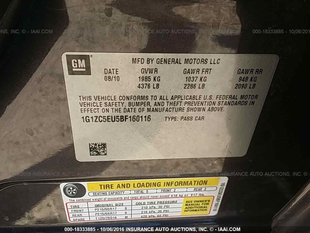 1G1ZC5EU5BF160116 - 2011 CHEVROLET MALIBU 1LT GRAY photo 9