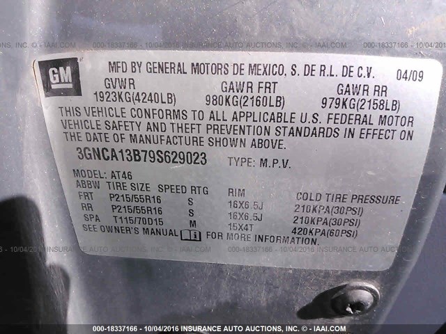 3GNCA13B79S629023 - 2009 CHEVROLET HHR LS GRAY photo 9