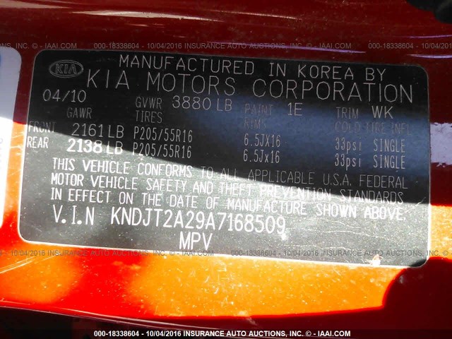 KNDJT2A29A7168509 - 2010 KIA SOUL +/!/SPORT RED photo 9