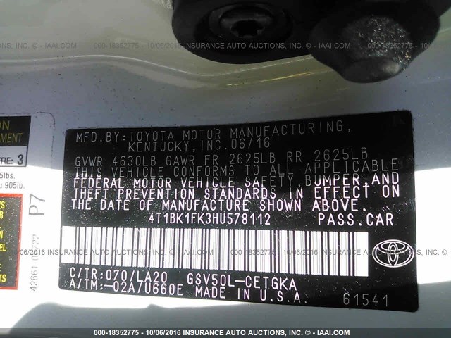 4T1BK1FK3HU578112 - 2017 TOYOTA CAMRY XSE/XLE Ağ foto 9