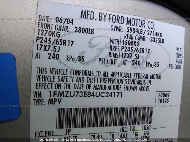 1FMZU73E84UC24171 - 2004 FORD EXPLORER XLT/XLT SPORT/NBX 银色 照片 9