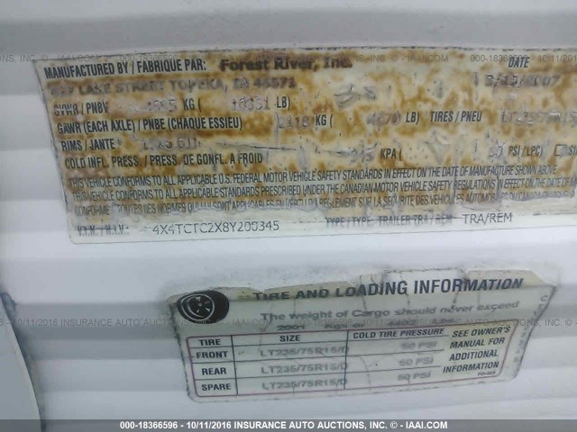 4X4TCTC2X8Y200345 - 2008 FOREST RIVER OTHER  WHITE photo 9