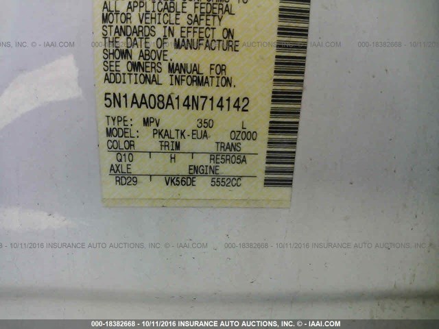 5N1AA08A14N714142 - 2004 NISSAN ARMADA SE/LE WHITE photo 9