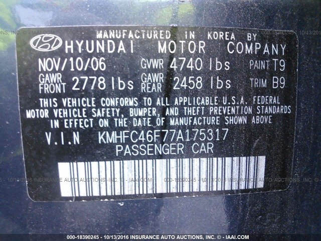 KMHFC46F77A175317 - 2007 HYUNDAI AZERA SE/LIMITED Dark Blue photo 9