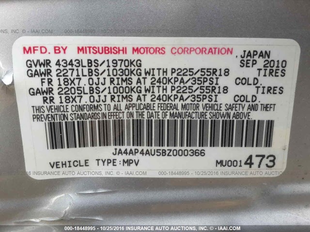 JA4AP4AU5BZ000366 - 2011 MITSUBISHI OUTLANDER SPORT SE SILVER photo 9