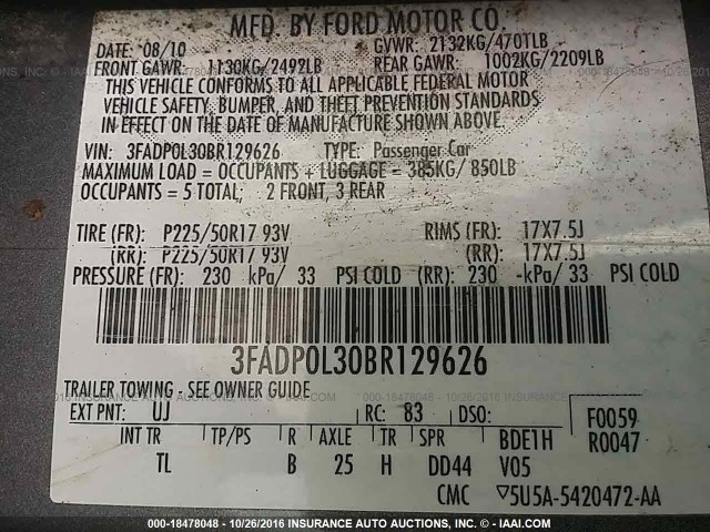 3FADP0L30BR129626 - 2011 FORD FUSION HYBRID GRAY photo 9